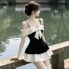 2026 new bow splicing design temperament elegant dress skirt one-word shoulder suspender contrasting color dress