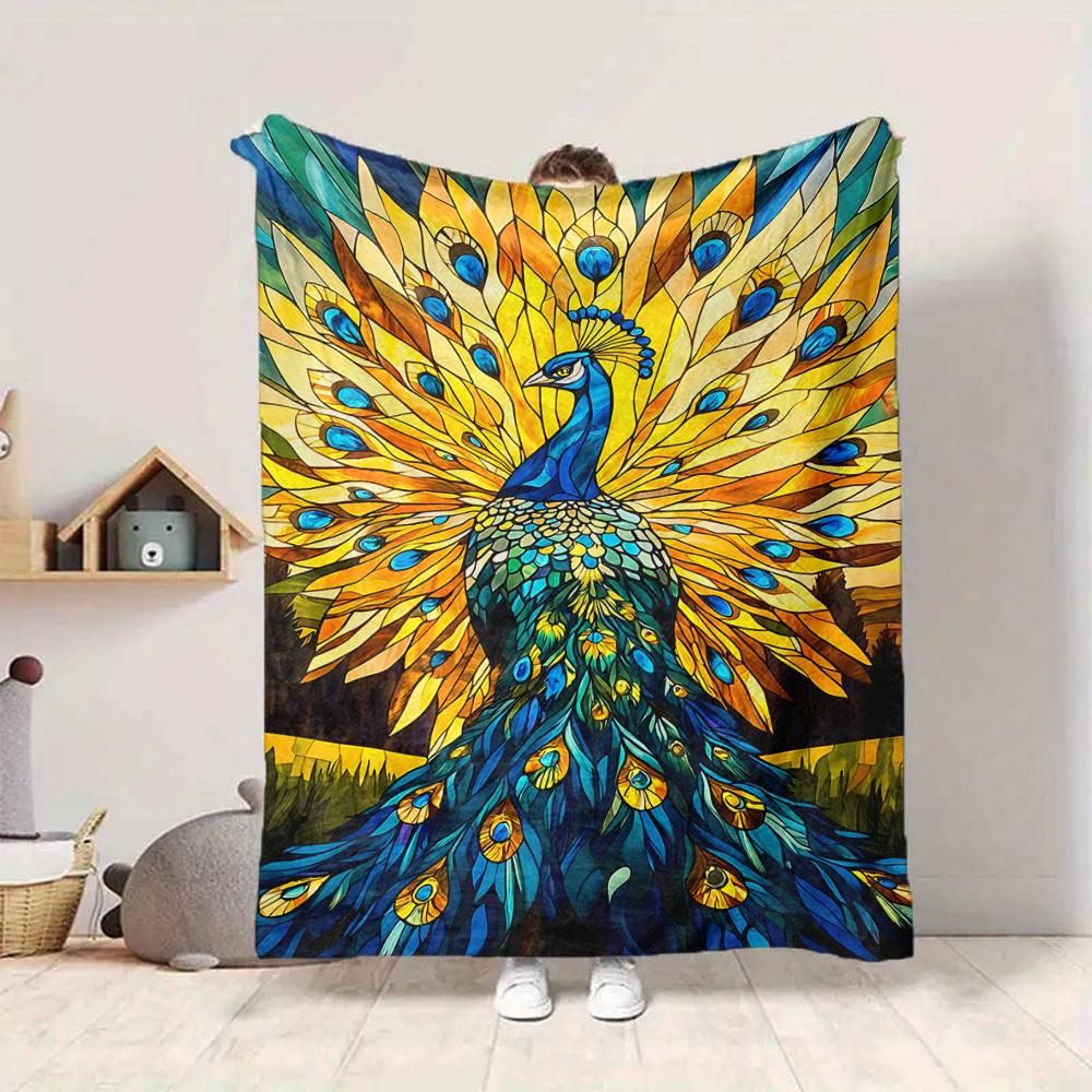1pc Peacock StainedGlass Lightweight Flannel Blanket, Comfortable and Warm Blanket, for Office and Camping Sofa Bed, Livingroom082