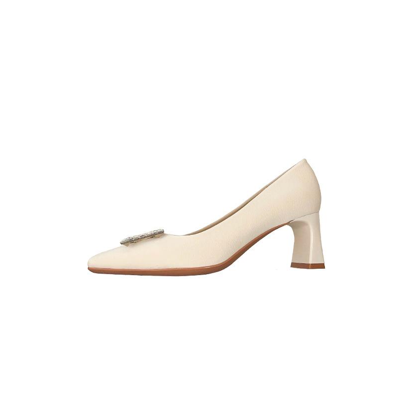B temperament square head rhinestone high heels design sense shallow mouth square buckle one pedal lazy satin single shoes