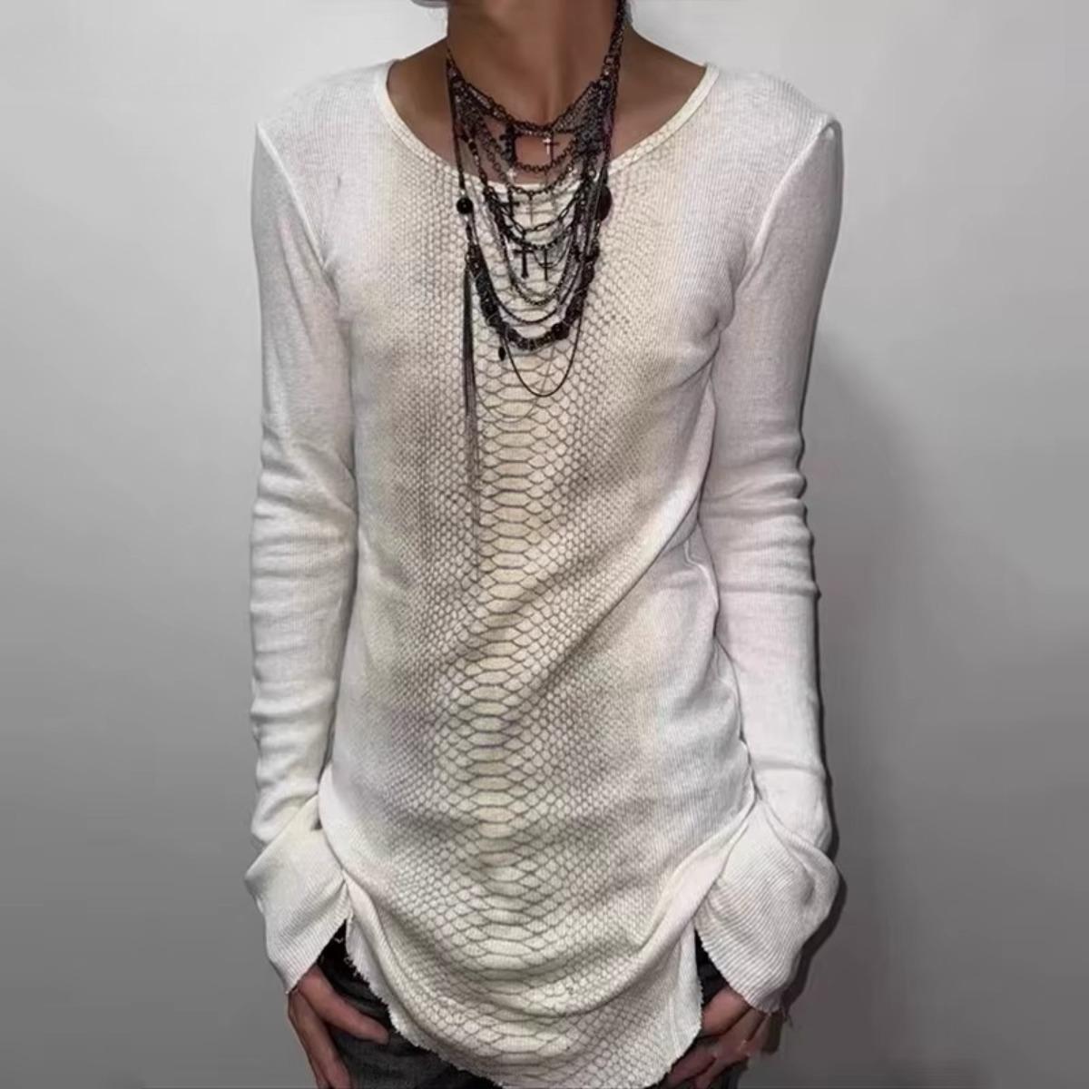 

Y2k Snakeskin Print T-shirt Grunge Aesthetics Long Sleeve Knitted Tops Vintage 2000s Streetwear American Retro L білий