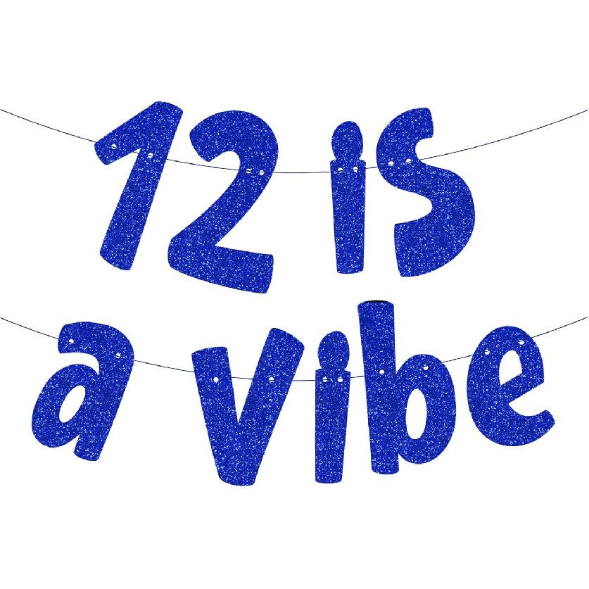 12 is a Vibe Banner, Pre-Strung Glitter Rose Gold 12th Birthday Banner, Funny 12th Birthday Decorations for Girls Teens 12 Years Old, Happy 12th синий