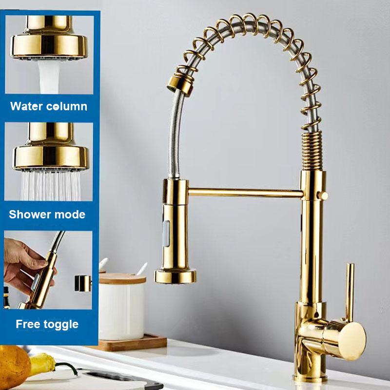 Brushed Pull Down Kitchen Faucet Chrome Dual Modes Nozzle Hot Cold Water Mixer Crane Tap Brass Spring Kitchen Sink Faucets