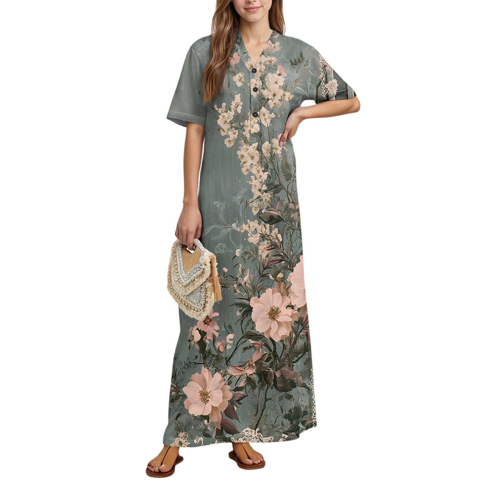 

Женская мода Принтованная ночная сорочка Домашняя одежда Ночная сорочка с коротким рукавом с карманами Длинное платье XL