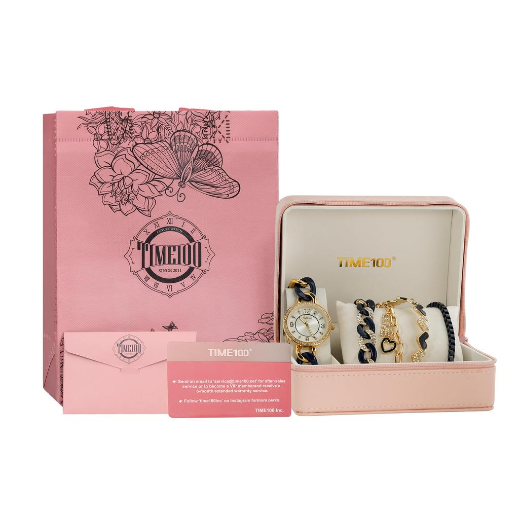 Gift Set Made in Japan Ladies Watch and 4 Gift Wrapping [TIME100] 6-Color Bracelets, 5-Year Warranty, Stylish, Waterproof, (Black)