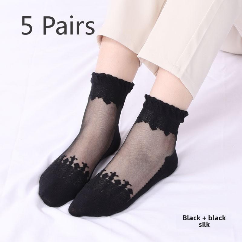 5 Pairs of Women's Spring Thin Mid Cylinder Cotton Sole Lace Lace Socks