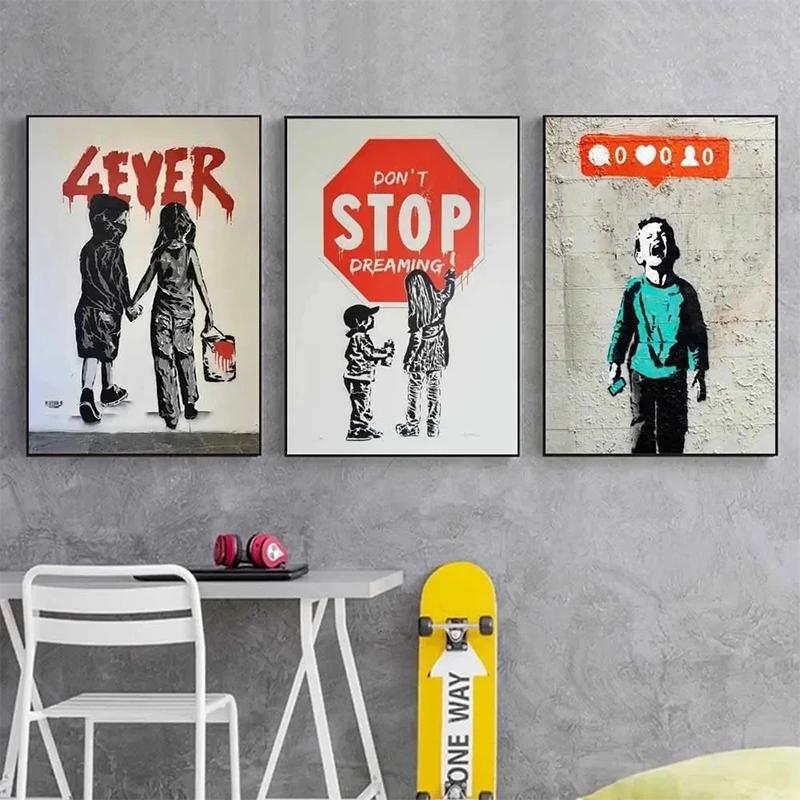 Banksy Street Graffiti Dekorativní Plátno Malba Dívka s Balónkem Sleduj Své Sny Opice Umění Plakáty Tisky Pokoj Nástěnná Dekorace