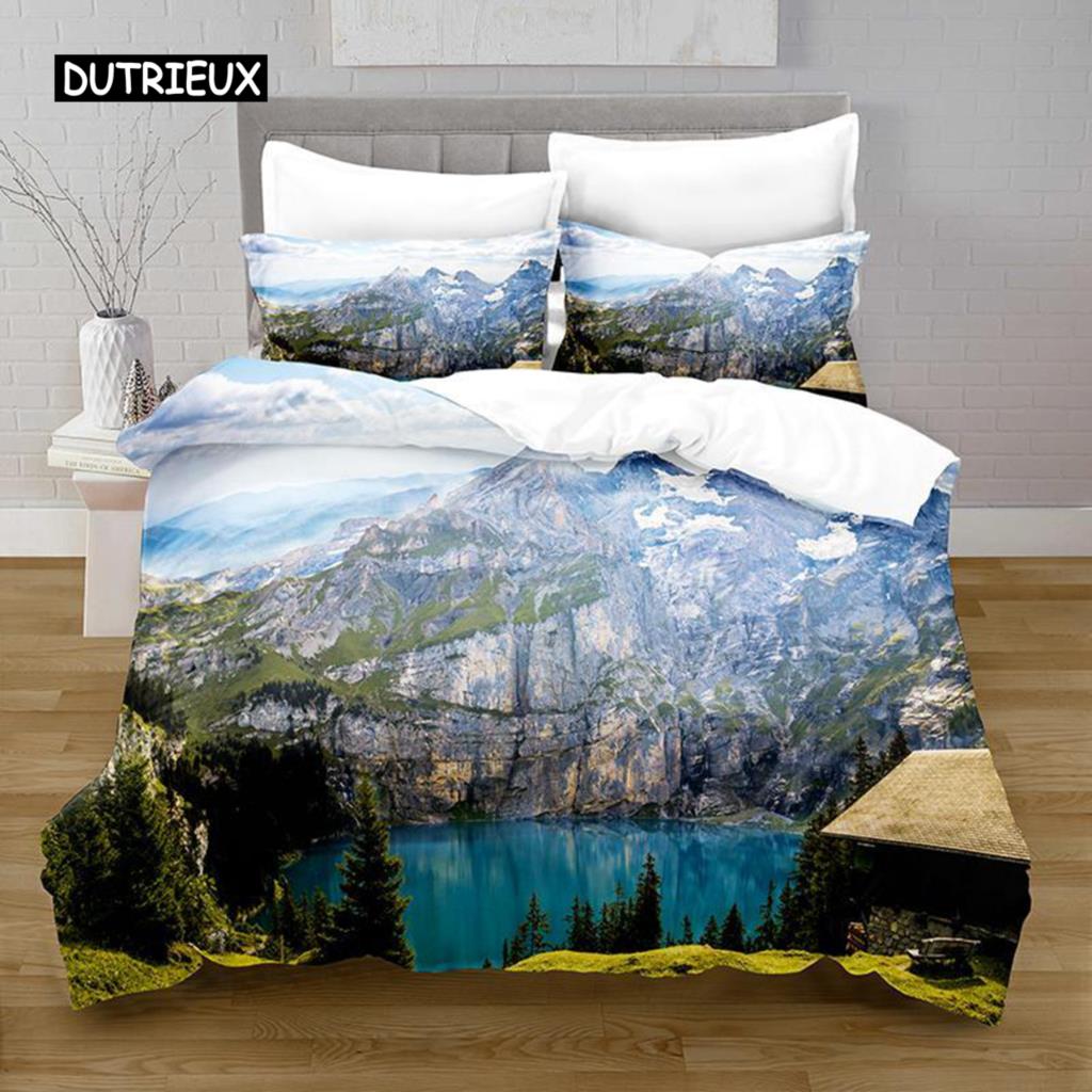 Lake Duvet Cover Set Lake Mountain Peak Stone Pattern Quilt Cover For Teens Adults Natural Scenery Theme Microfiber Bedding Set