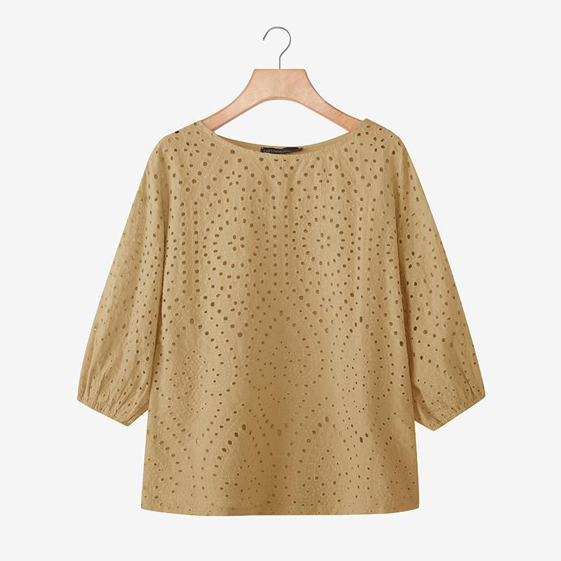 

ZANZEA Женская повседневная блузка с круглым вырезом, рукавом до локтя, свободного кроя, пэчворк, крючком 2XL хаки