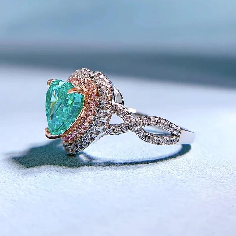 SpringLady 925 Sterlingsilber 8MM Herz Crushed Ice Schliff Paraiba Turmalin Hochkarbon Diamanten Edelstein Echtschmuck Ring