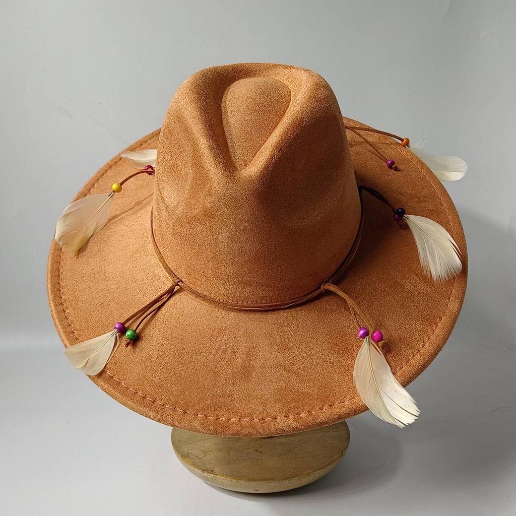 2026Bohemian style suede hat, brim 9.5 cm fedora with feather accessories, classic church hat, wide brim hat, women's hat