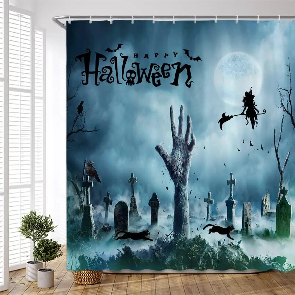 3D Halloween Theme Shower Curtain Horror Bloody Hands Black Bathroom Curtains For Halloween Party Waterproof Fabric With Hooks