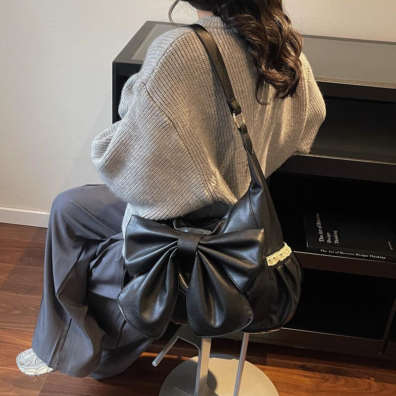 Damen Große Schleife Schultertasche - Weiche Kunstleder Hobo Tasche mit Spitzenverzierungen, Trendige Mode Handtasche für den Lässigen Täglichen Gebrauch & Einkaufen