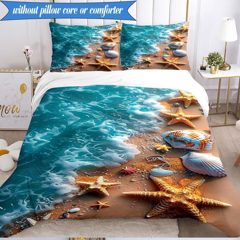 3PCS Ocean Starfish Shells Bedding Set,Including 1pc Duvet Cover And 2pcs Pillowcases Perfect for Bedroom, Dormitory, Fan Christmas gift