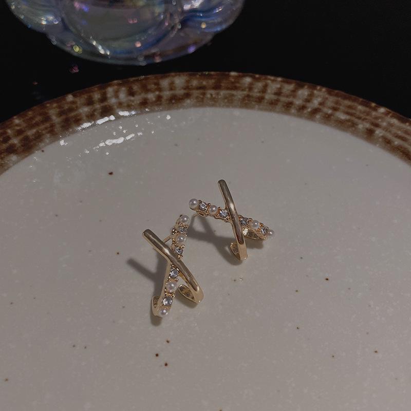 Elegant S925 Silver Cross-Studded Diamond & Pearl Earrings for Women - Niche Design, Internet Favorite