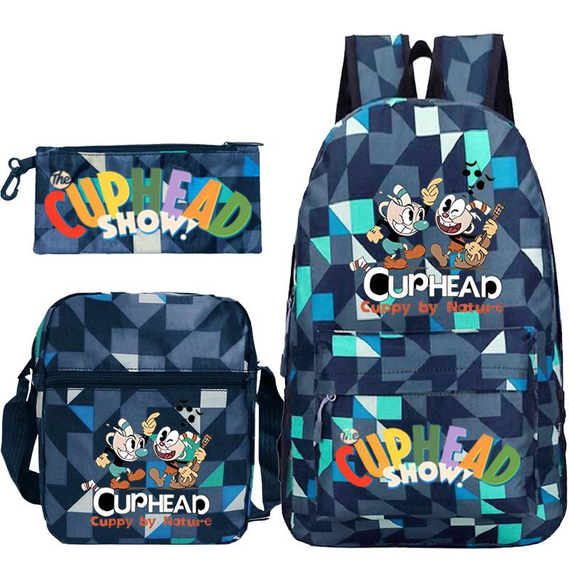 Cartoon Teacup Head Cuphead Student Backpack Oblique Span Bag Pencil Bag Primary And Secondary School Students Children'S Schoolbag Three-Piece Set