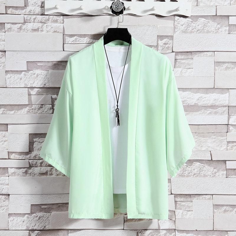 

Men s Lightweight Kimono Jacket Women Seven Sleeve Open Front Cardigan Coat Japanese Style Bathrobe 5XL зелений