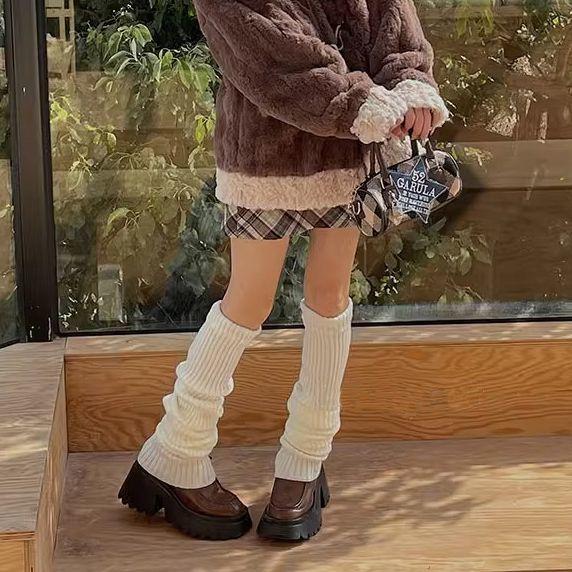 Japanese Style Solid Knit Thick Mid Calf Leg Warmers Women JK Uniform Y2K Stacked Socks Layered Leggings