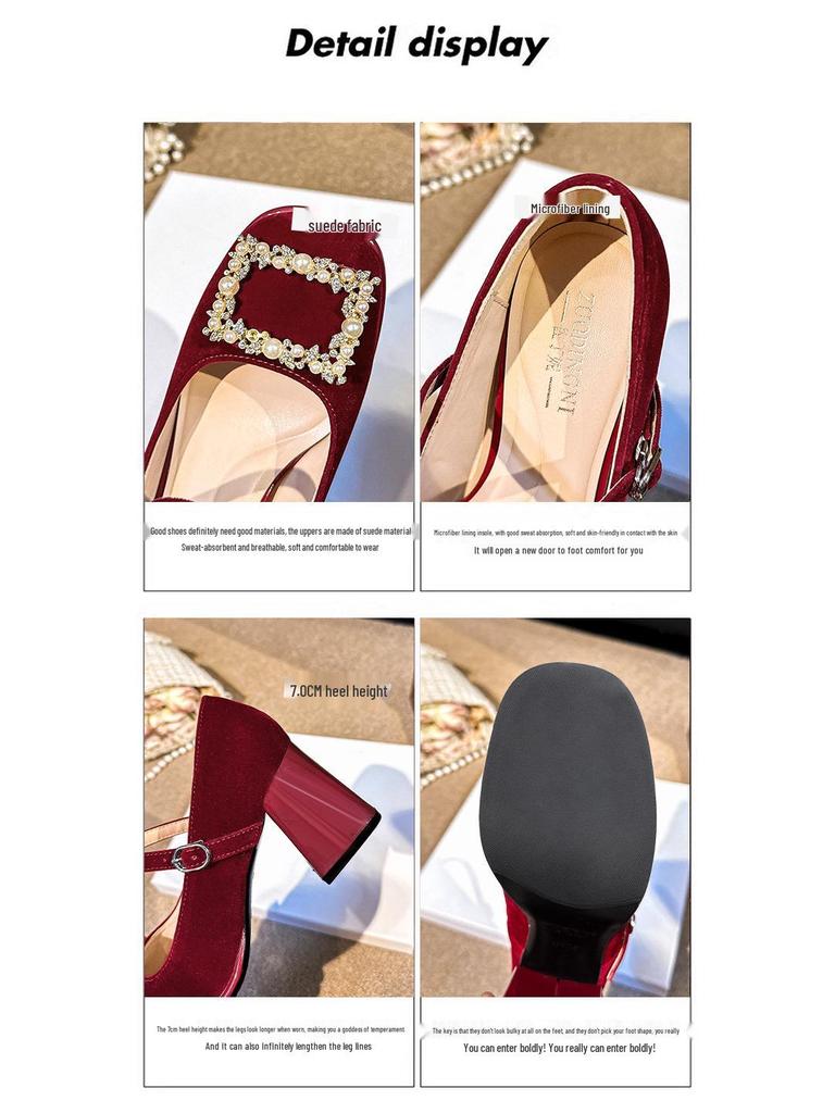 MZ-81 Brautschuhe mit Blockabsatz für breite Füße - Rote Braut-High Heels mit französischer Carré-Schnalle, bequem und stilvoll.