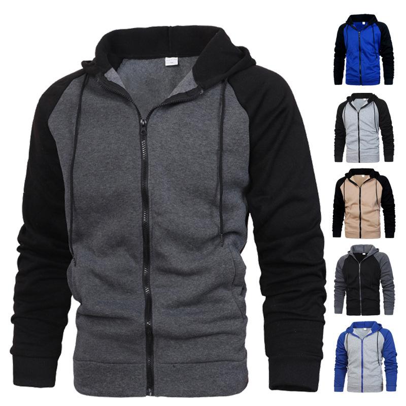 Men S Color Block Raglan Sleeve Hooded Zip Up Sweatshirt Casual Autumn Winter