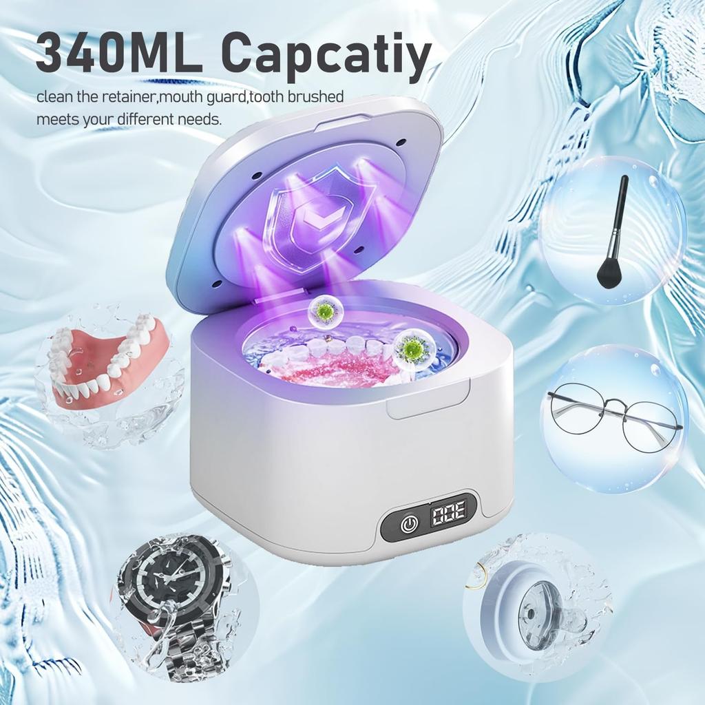 Ultrasonic Retainer Cleaner Machine, 49kHz Ultrasonic Dentures Cleaner for Retainer, Mouth Guard, Aligner, Toothbrush Head, 340ML Ultrasonic Cleaning