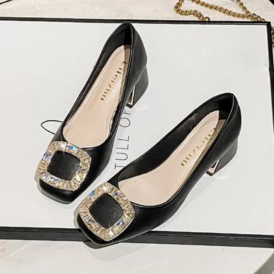 New Shoes for Women Leather Pumps New OL Round Rhinestone Casual High Heels Shoes Girl Concise Dress Shoes