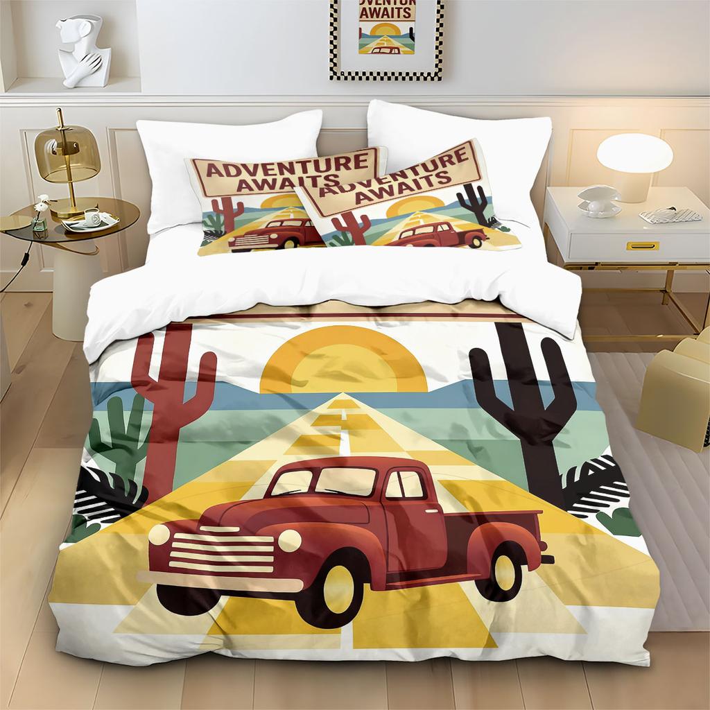 3pcs Cartoon Car Desert Landscape Printed Duvet Set Multi Size Comfortable Bedroom Bedding Decoration Machine Washable