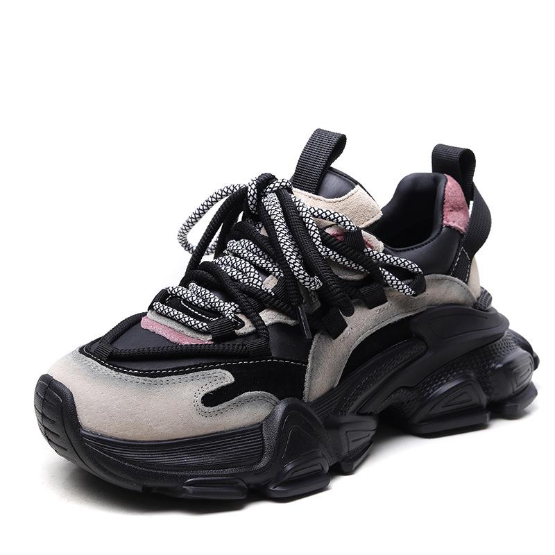 2024 Women's Genuine Leather Thick-Soled Dad Shoes: New Color Matching, Versatile Casual Sports Sneakers for Autumn