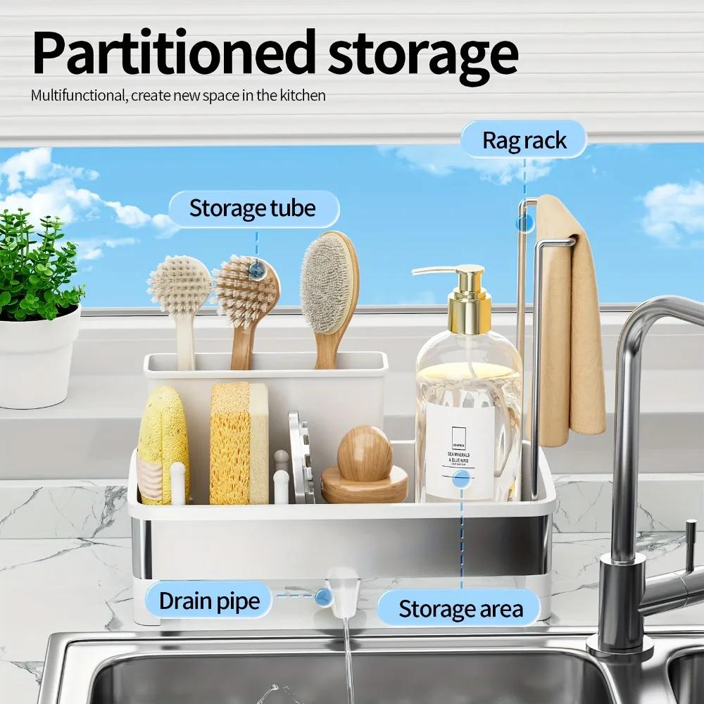 Stainless Steel Sponge Rack with Drain - Multi-Functional Kitchen Bath Storage Box for Cleaning Supplies Towels Brushes