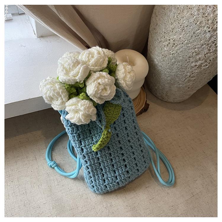 

Пасторальная маленькая свежая вязаная сумка-ведро женская новая универсальная сумка-мессенджер на одно плечо с букетом цветов