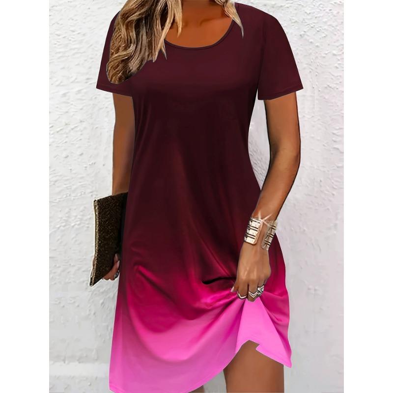 Fashion Blue Gradient Pattern Women Mini Dresses Summer Short Sleeve 3D Printed Street Ladies Dress 3XL Plus Size Casual Dress