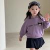 Korean-Style Velvet Hoodie & Pleated Skirt Set for Girls - Autumn/Winter Cartoon Design