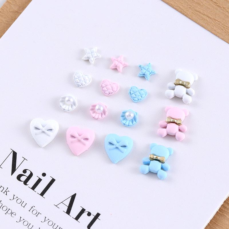 New Cute Bow Heart Nail Art: Frosted Matte Blue & Pink