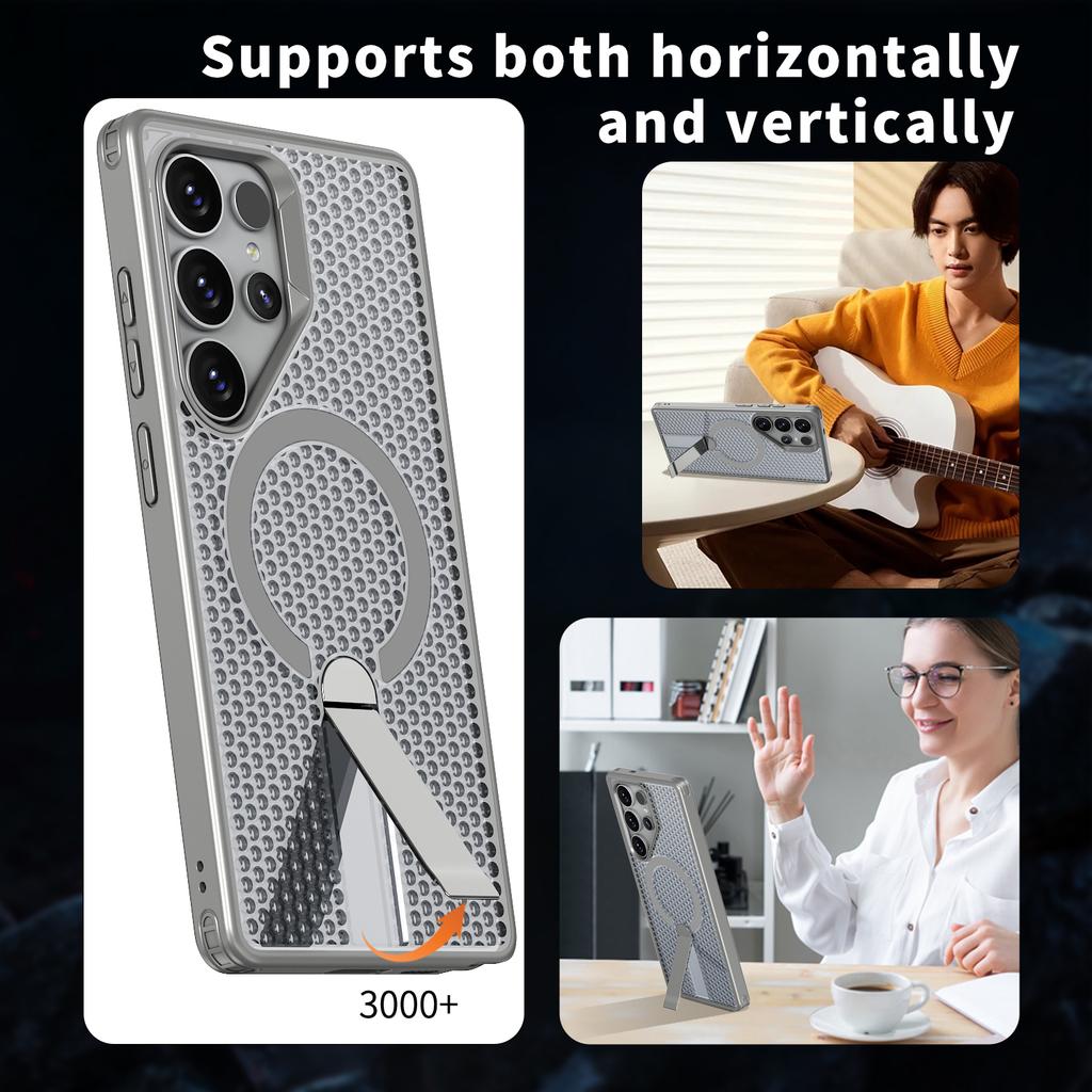 For Samsung Galaxy S25 Ultra Magnetic Case Kickstand Grid Texture TPU PC Phone Back Cover