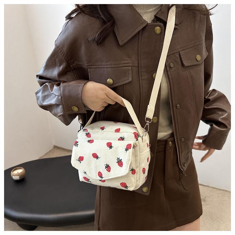 Cartoon Corduroy Shoulder Crossbody Bag for Women New Japanese Style Girl Student Strawberry Phone Bag