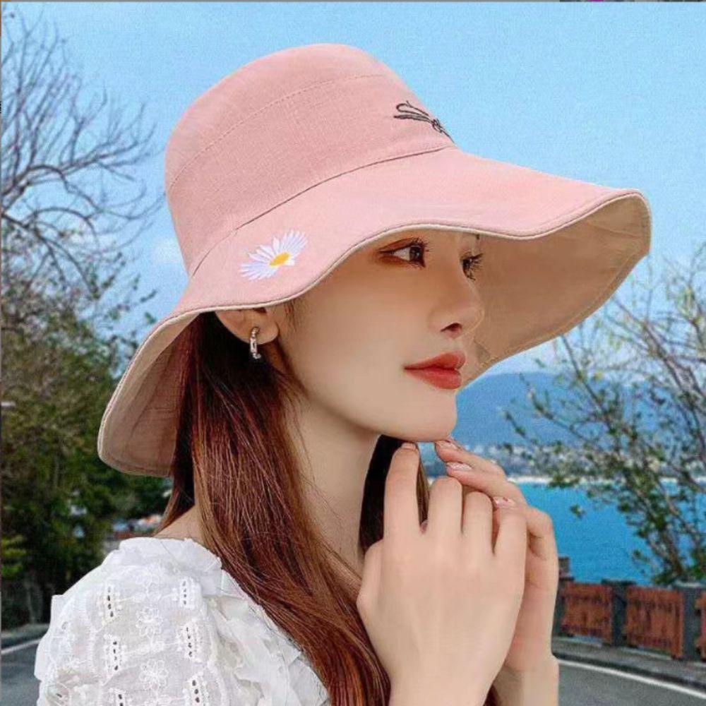 Reversible Daisy Bucket Hat Cotton Panama Hat Fashion Beach Sun Cap  Summer