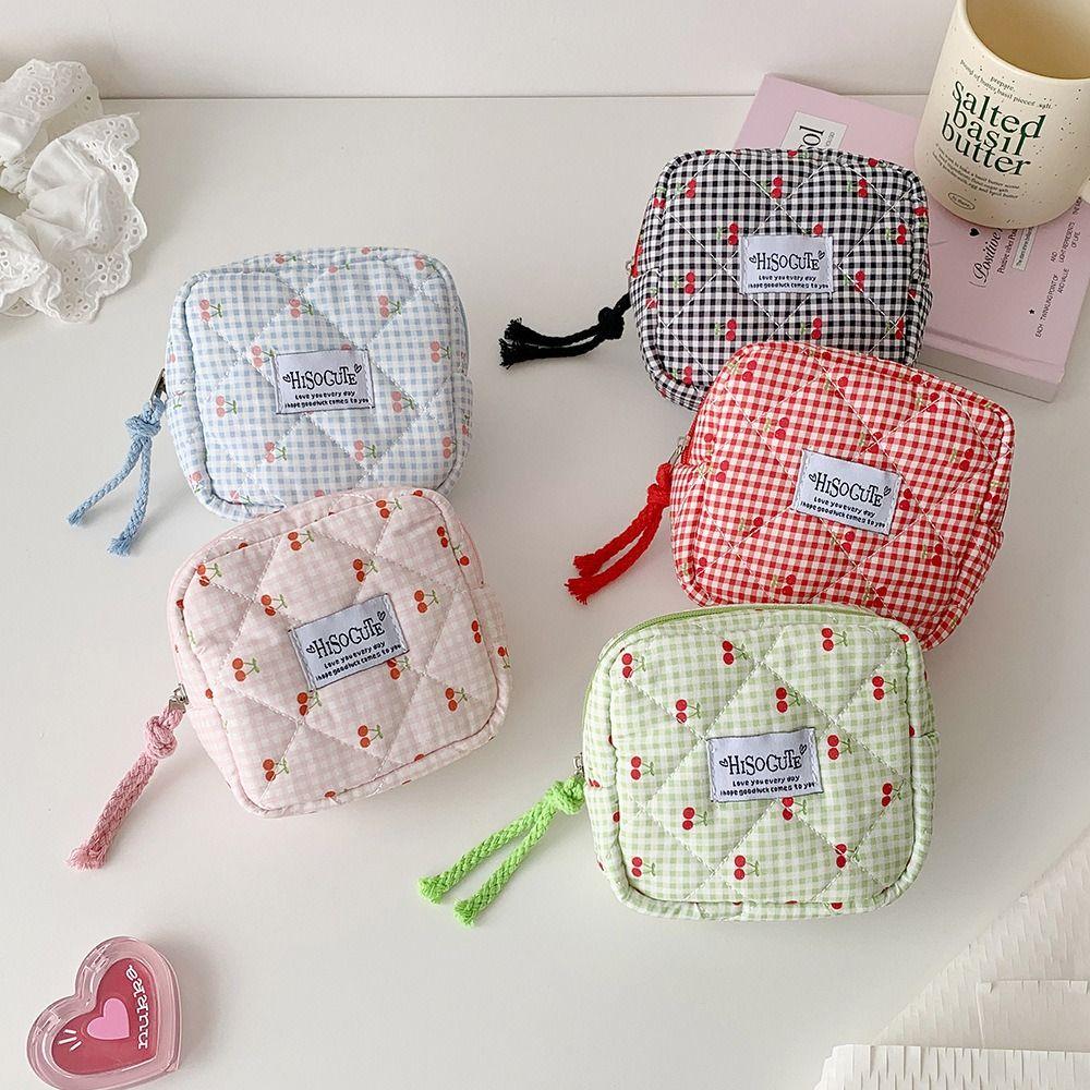 New Square Sanitary Napkin Storage Bag Large Capacity Multifunctional Mini Coin Purse Cherry Print Portable Lipstick Pouch