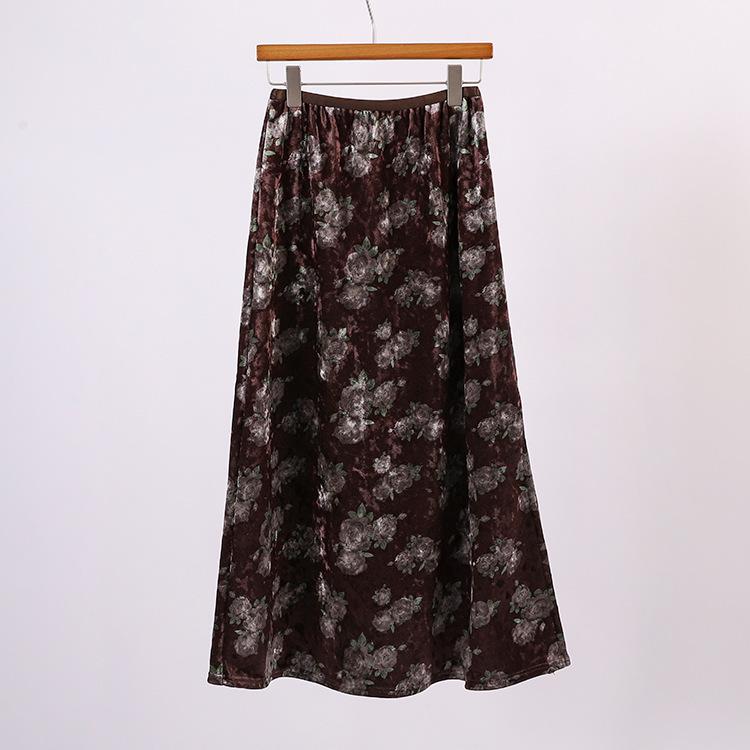 

Women s Elegant Chinese-Style Printed Velvet Skirt with Warm Lining, Side Slit, and Mid-Length for Autumn/Winter XL