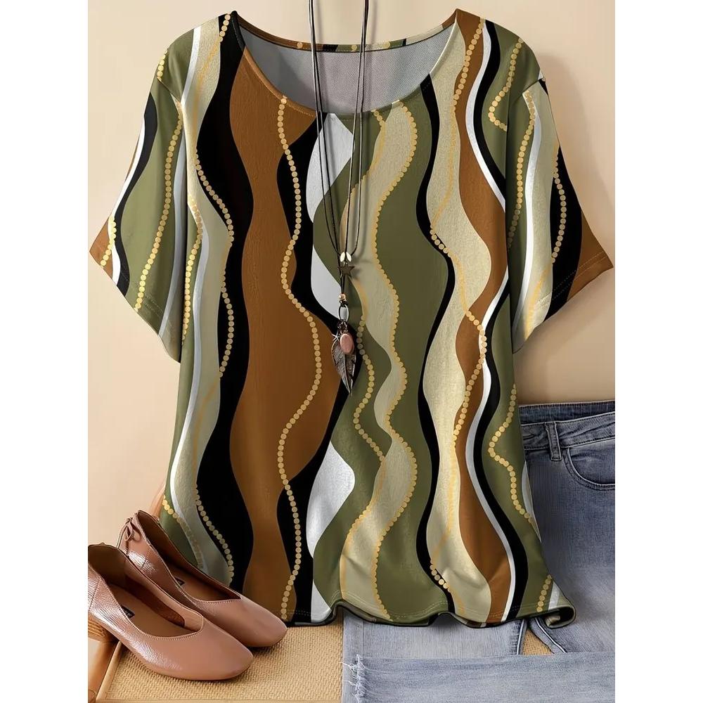 Women s Casual Striped Printed Top Fashion Versatile Short Sleeve T-Shirt Comfortable T-Shirts Women’s XS