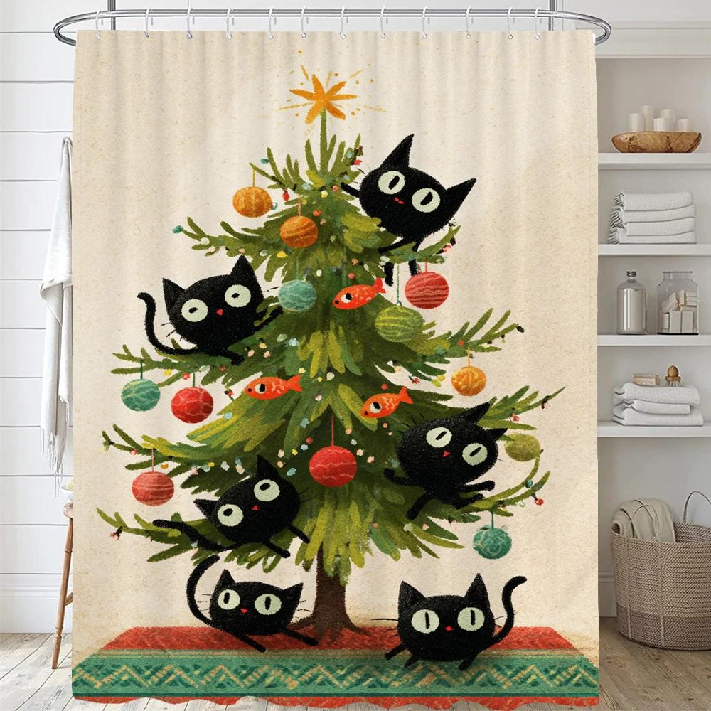 Christmas Shower Curtain,Winter Christmas Shower Curtains for Bathroom,Cute Christmas Cat Shower Curtain,with Hooks