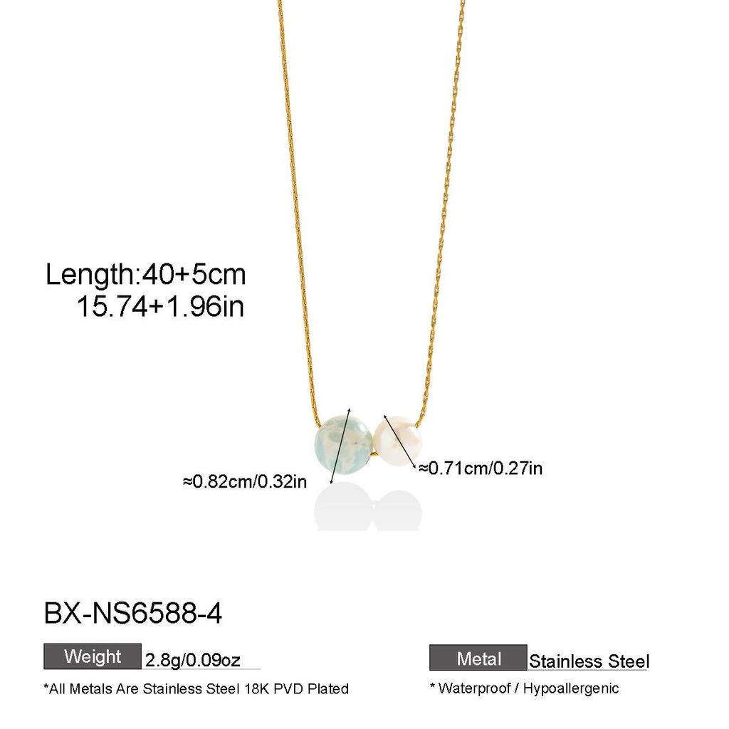 French Natural Stone & Freshwater Pearl Necklace - 18K Gold Plated Stainless Steel Clavicle Chain, Simple & Elegant for Daily Wear