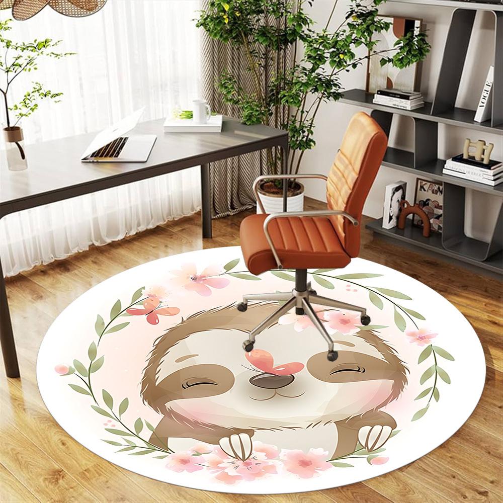 1pc Sloth Flowers Round Chair Mat Area Rug - Non-Slip, Floor Mat for Office, Bedroom, and Indoor Decor C1125618