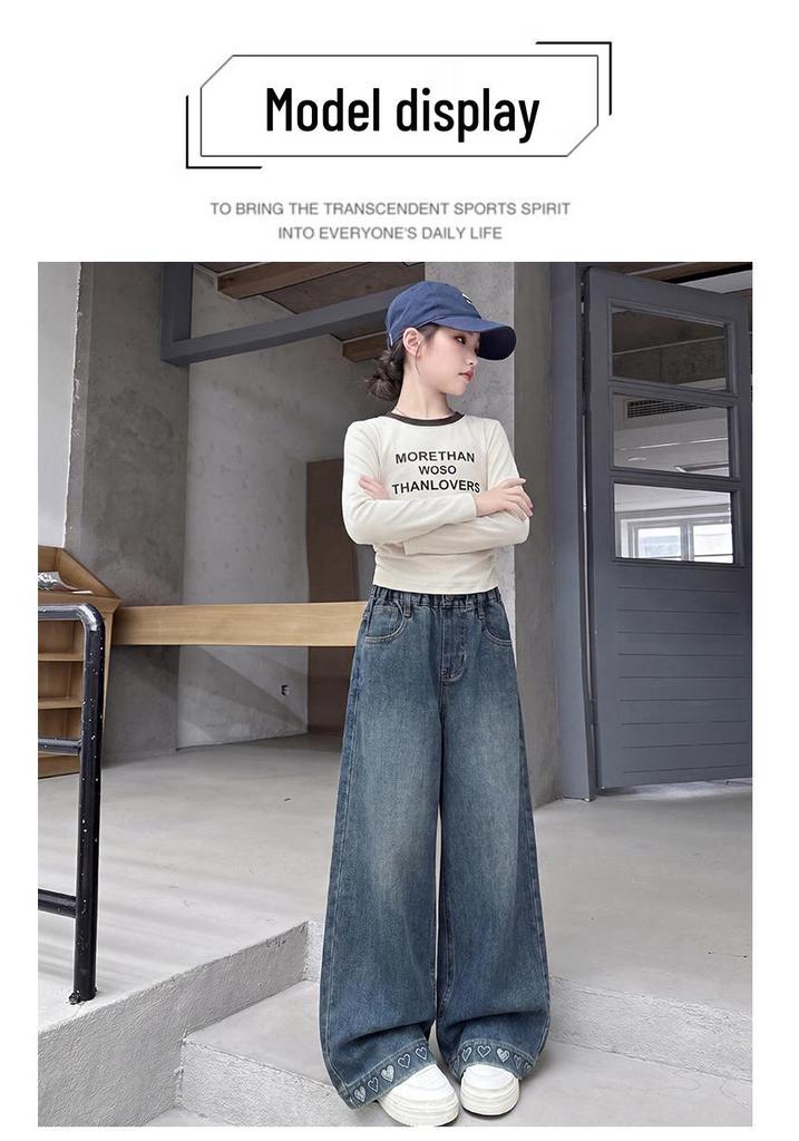 Autumn 2026 Girls' Wide Leg Jeans - Embroidered Hem, Versatile Straight Fit for Medium & Large Children