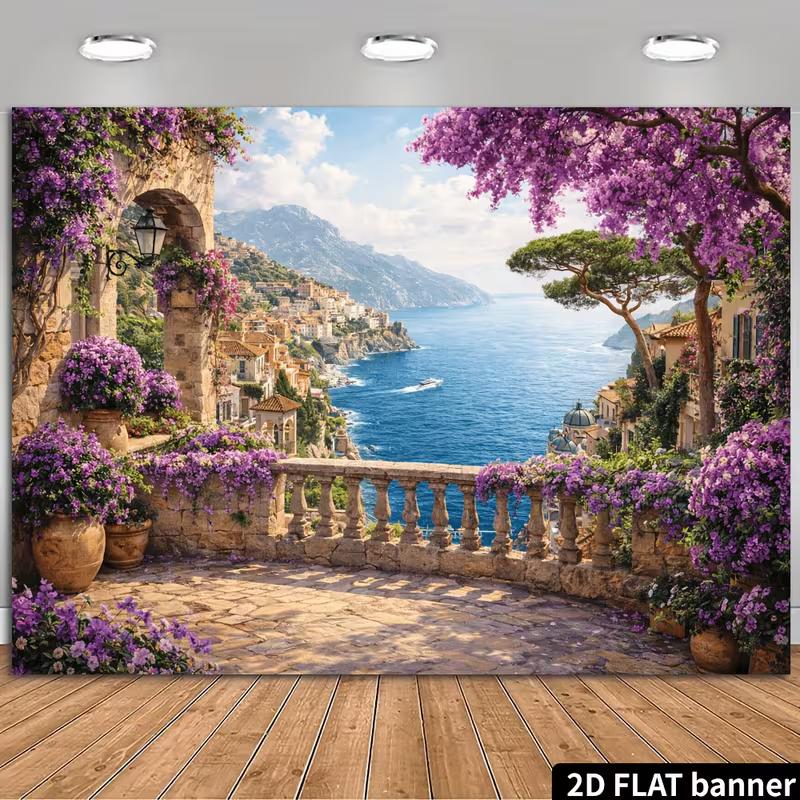 2D Scenic Amalfi View Backdrop Ocean and Mountains Photography Background 47.2x31.5inch/120*80cm