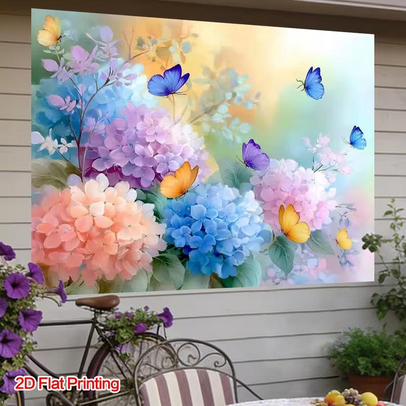2D Watercolor Hydrangea Backdrop with Butterflies Background Cloth