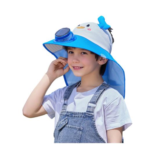 Kids Hat with Solar USB Powered Fan Cartoon Styling Shawl Design Adjustable Outdoor Hiking Cycling Fishing Cap