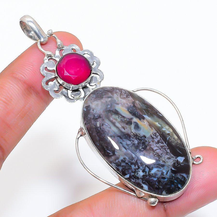 Natural Tube Agate, Jade Gemstone 925 Sterling Silver Jewelry Pendant 2.80" ZS-573