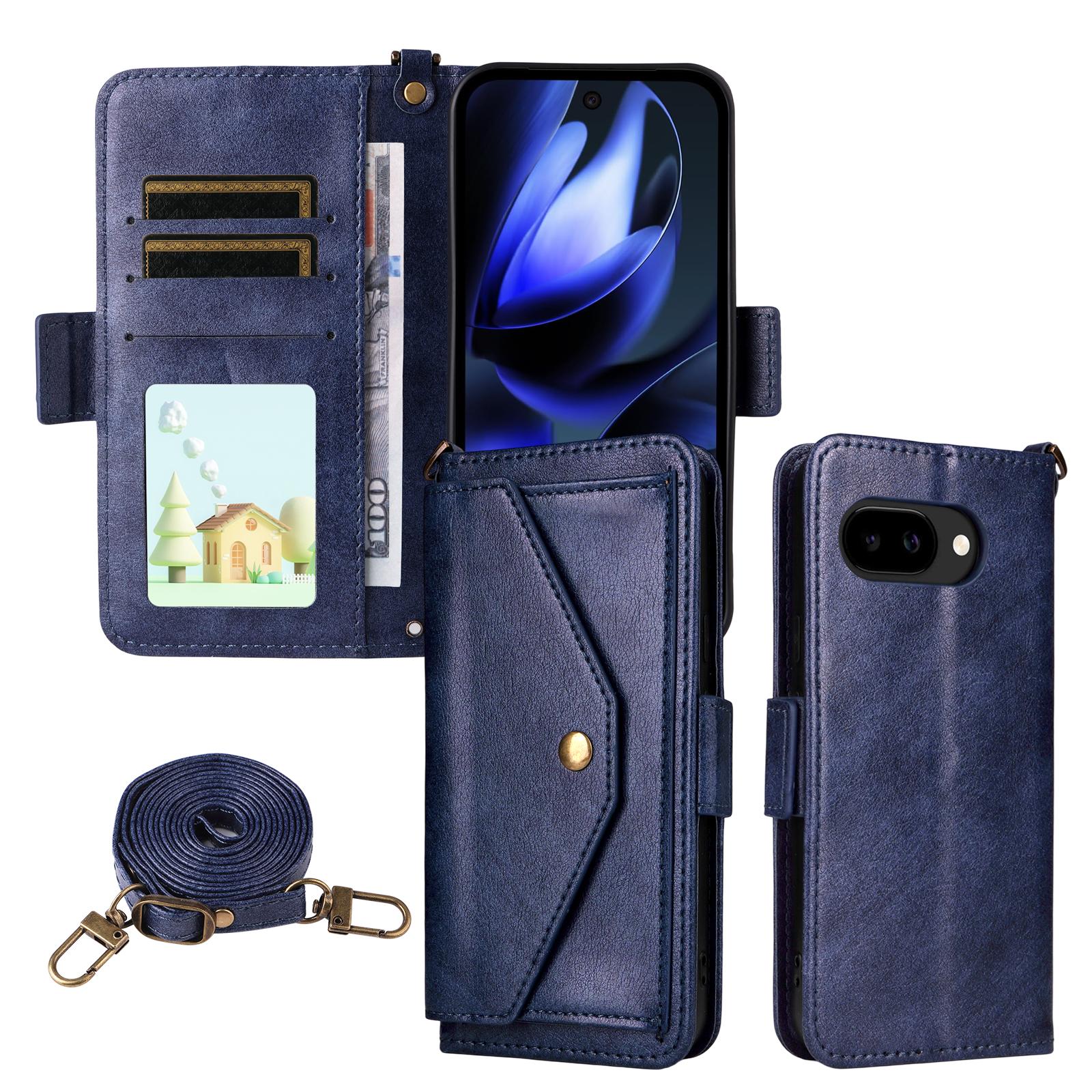 

For Google Pixel 9a Leather Case Magnetic Closure Wallet Stand Phone Cover with Crossbody Strap Blue