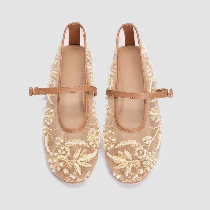 Fashion White Pearl Mesh Embroidery Ballet Flats Women Elegant String Bead Flat Sandals Light Summer Mary Jane Shoes Zapatos De Mujer