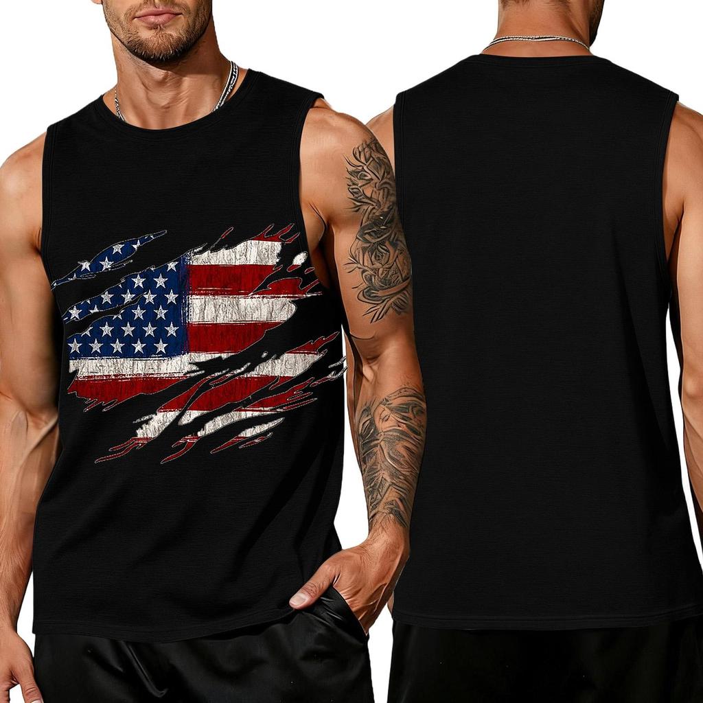Men's Sleeveless Tank Top Casual Loose Fit Summer Daily Wear Muscle Shirt with Flag Graphic Print Lightweight Breathable Fabric