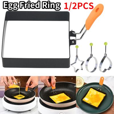 1/2 Peças Anel de Ovo de Aço Inoxidável Quadrado Moldes de Ovo Frito Muffins de Ovo Omeleteira com Cabo Anti-Escaldante Fácil de Limpar para Café da Manhã